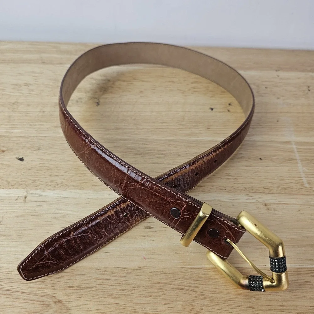 JUDITH JACK Womens Brown Leather Belt‎ MADE IN USA Size Medium Gold Buckle