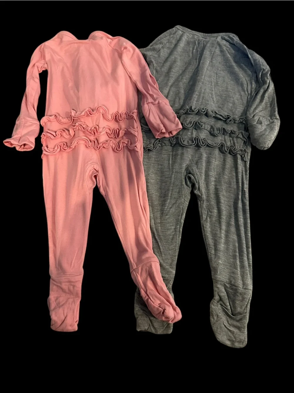 Little Sleepies - Two Girls Ruffle-Back Footed One-Piece Pajama - Pink and Gray