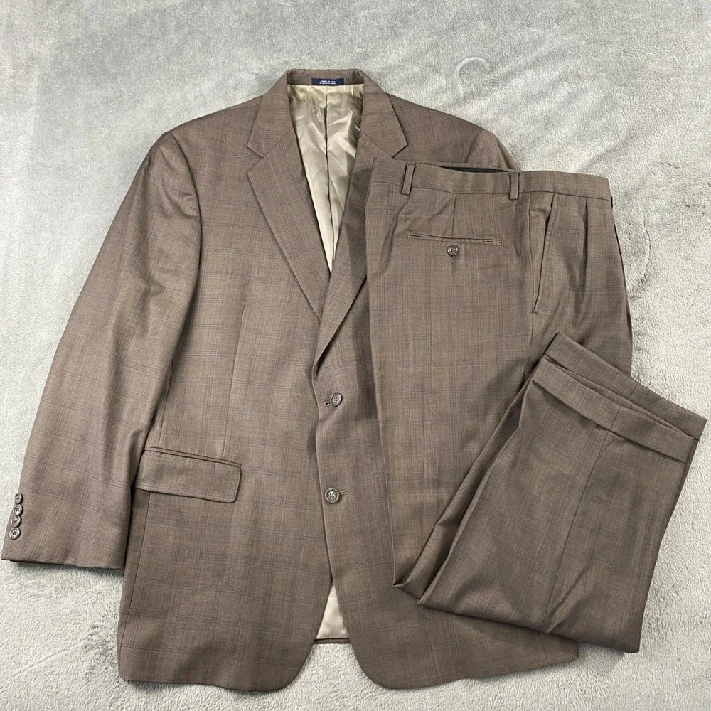 Hart Schaffner Marx Suit Mens 43R Brown Glen Plaid 2-Button Pleated Cuffed USA