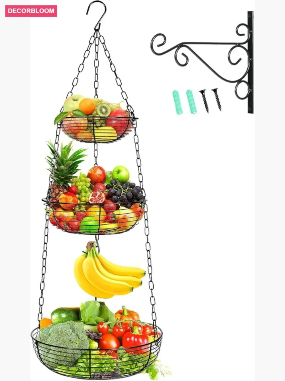 3 Tier Hanging Fruit Basket with Banana Hook, Heavy Duty Wire Kitchen Storage