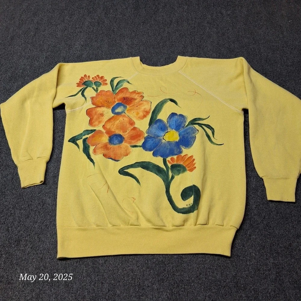 VTG Ultra Sweats Pannill Flower Painted‎ Sweatshirt Yellow Adult Size Large