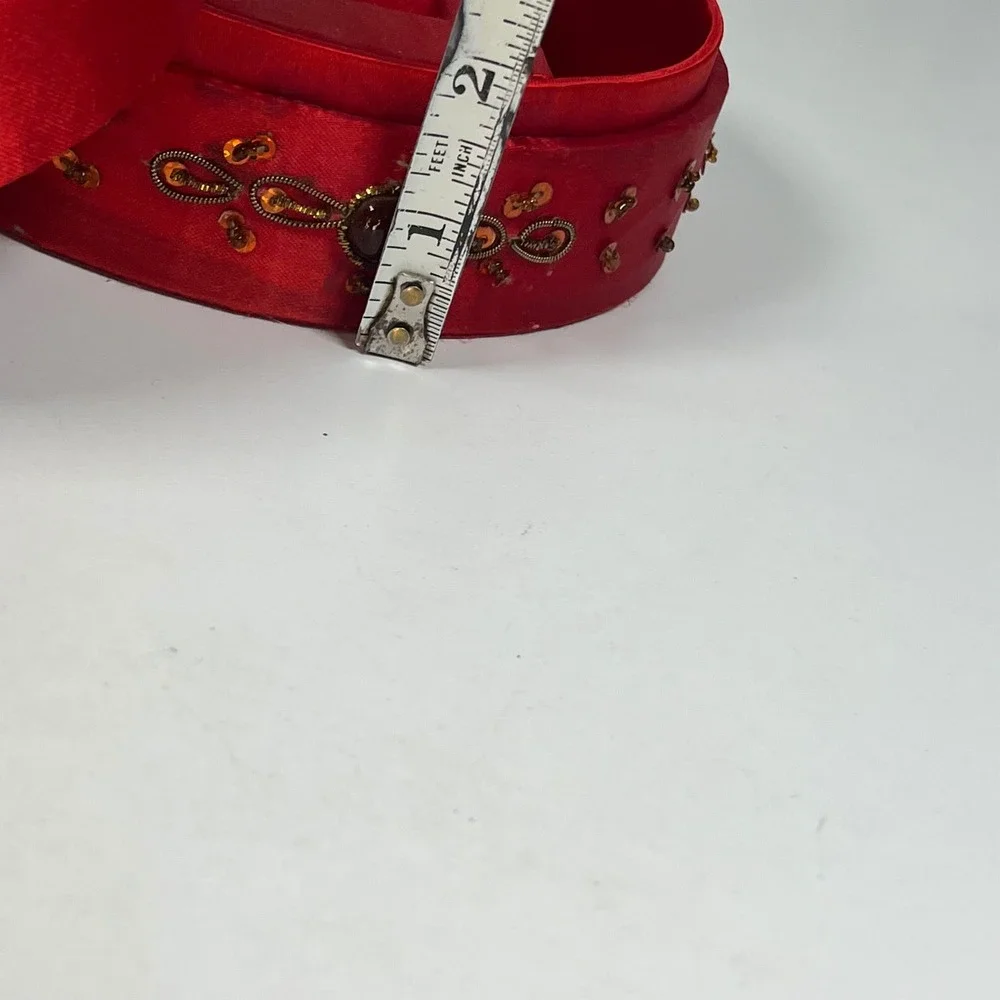 Jewelry Box Red Women Beaded Satin Round Mirror Cross 6.25 in DIA x 2.75 in H