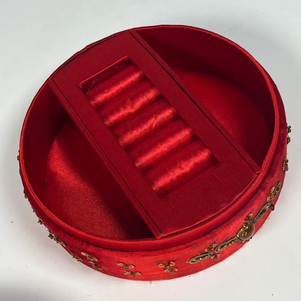 Jewelry Box Red Women Beaded Satin Round Mirror Cross 6.25 in DIA x 2.75 in H