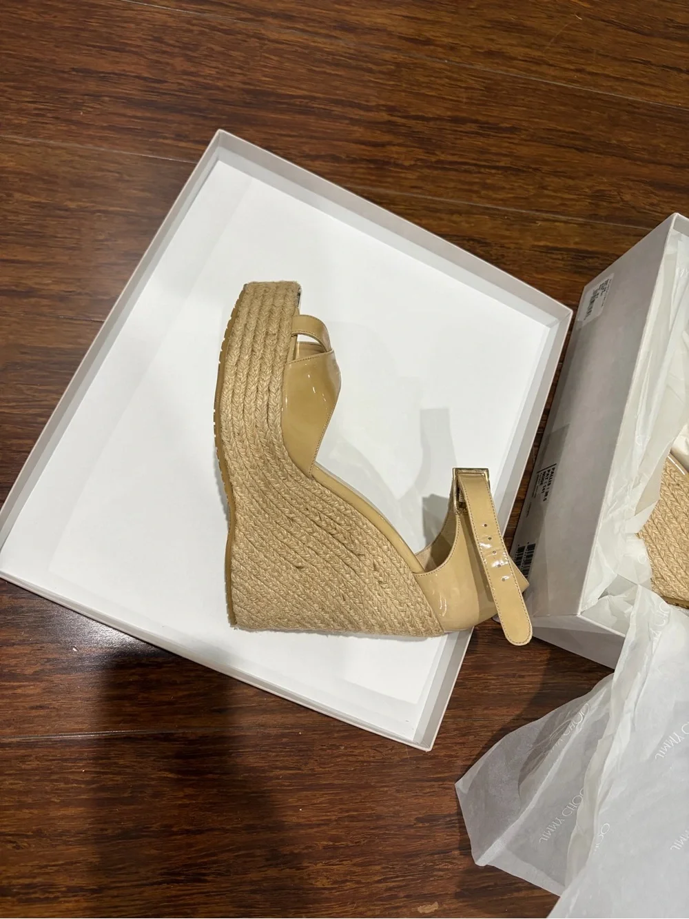 Jimmy Choo Beige Patent Espadrille Wedge Sandals