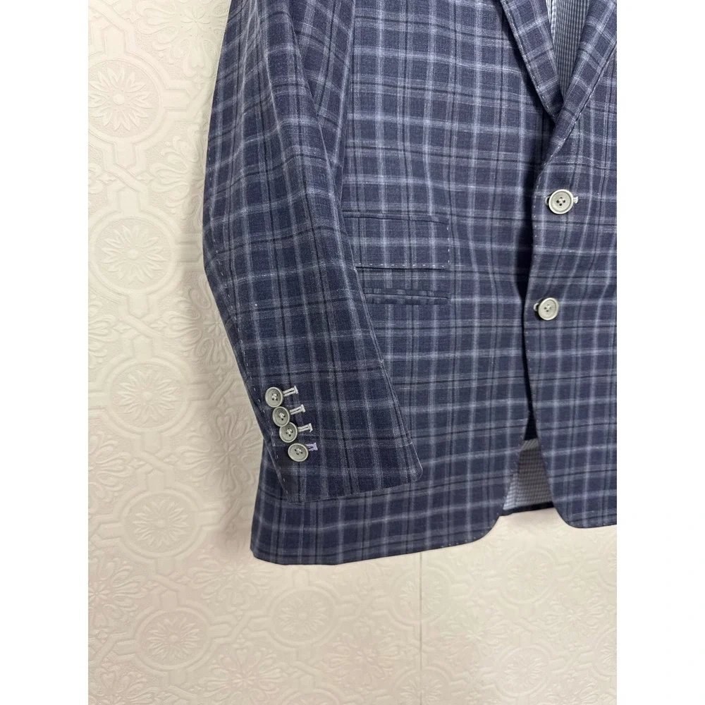 Custom Made Navy Blue Windowpane Sport Coat Blazer Wool Silk Linen Size 42 Short