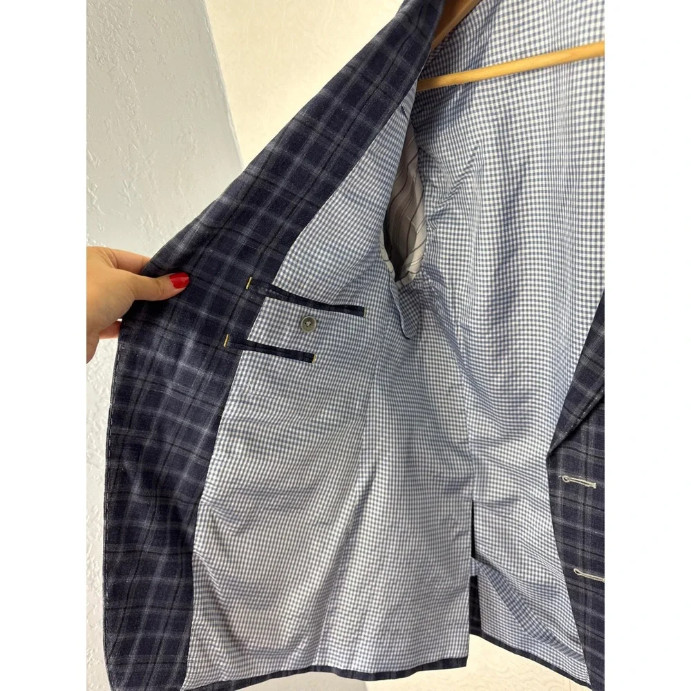 Custom Made Navy Blue Windowpane Sport Coat Blazer Wool Silk Linen Size 42 Short