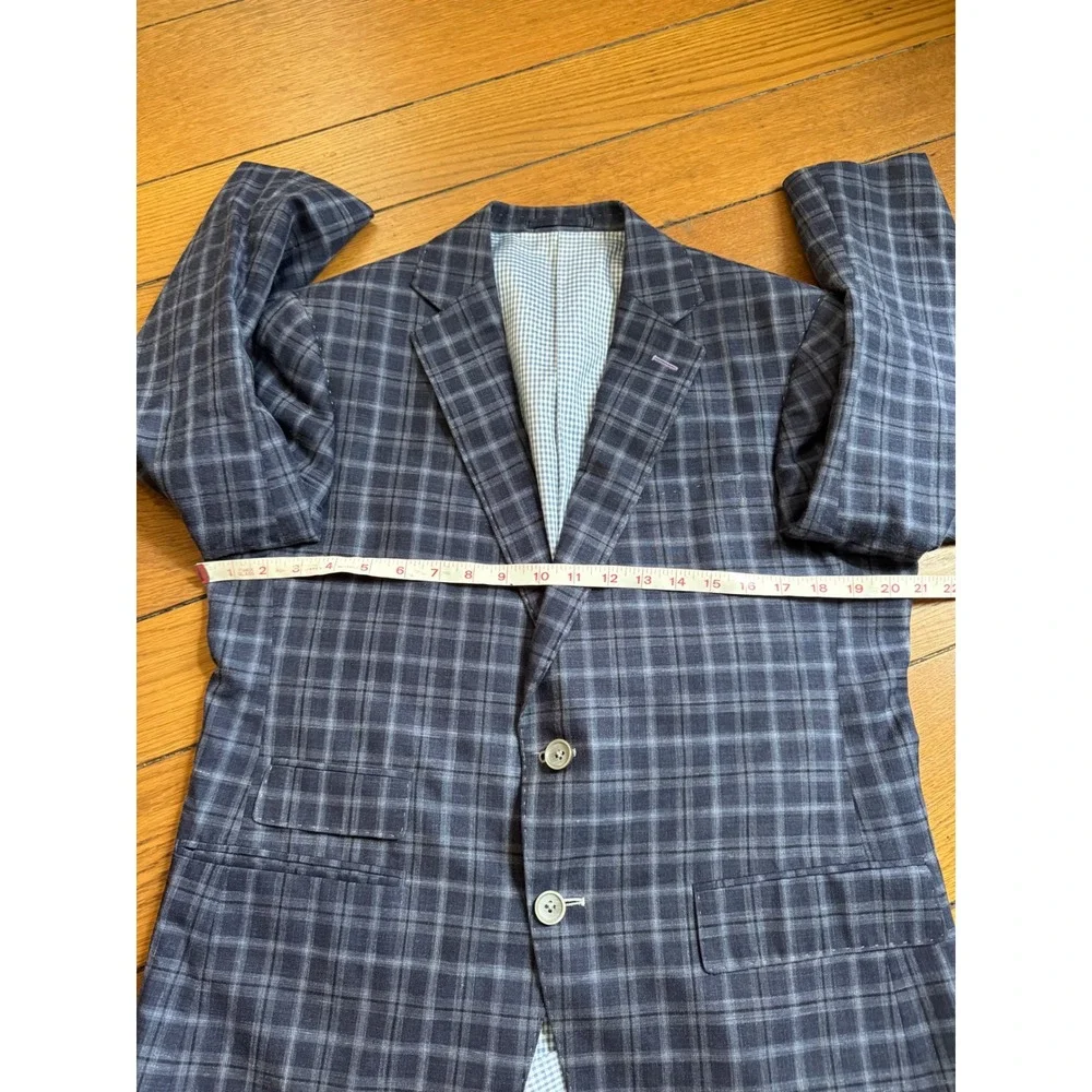 Custom Made Navy Blue Windowpane Sport Coat Blazer Wool Silk Linen Size 42 Short