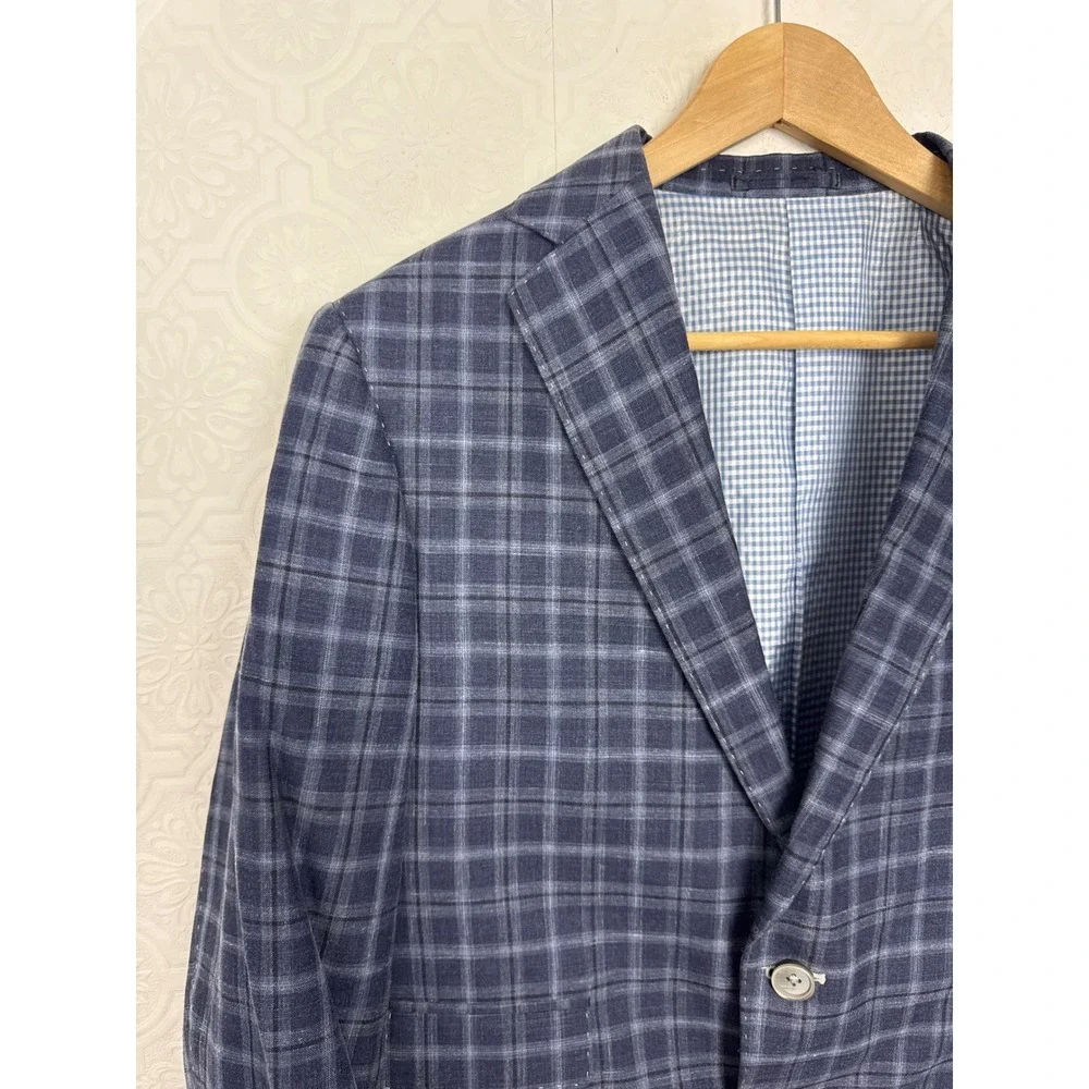 Custom Made Navy Blue Windowpane Sport Coat Blazer Wool Silk Linen Size 42 Short