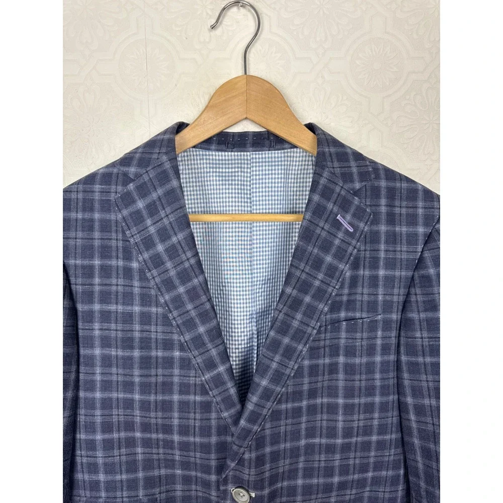 Custom Made Navy Blue Windowpane Sport Coat Blazer Wool Silk Linen Size 42 Short
