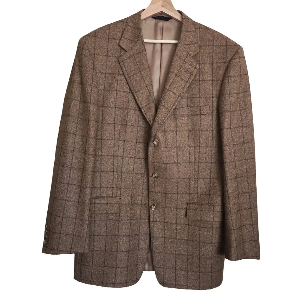 Vintage Burberry 43 Long Kensington 100% Wool Windowpane Plaid Blazer Sportcoat
