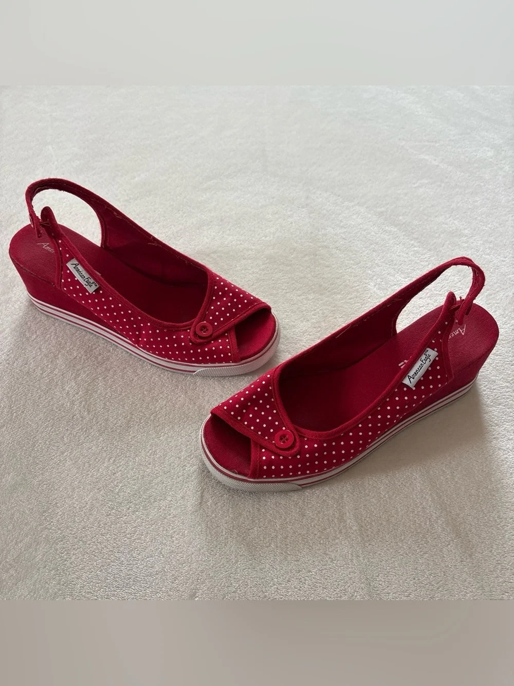 Y2K American Eagle Red White Polka Dot Slingback Wedges Size 8.5