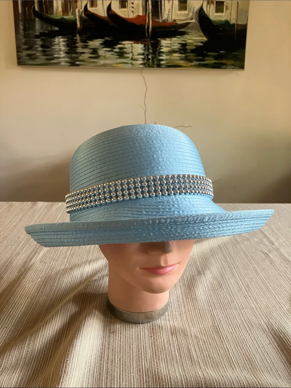 Chic Light Blue Satin Ribbon Hat with Silver Beaded Band