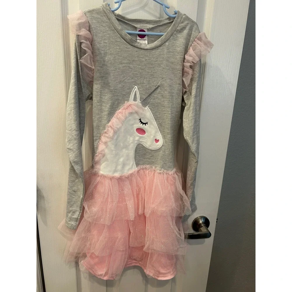 Dollie &‎ Me Girls Gray Pink Unicorn Tulle Tutu Dress Long Sleeve Size 14 k7000