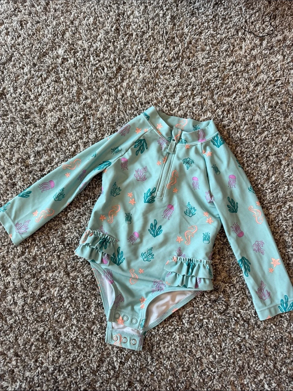 Carter's Mint Green Long-Sleeve One-Piece Swimsuit with Sea Life Print