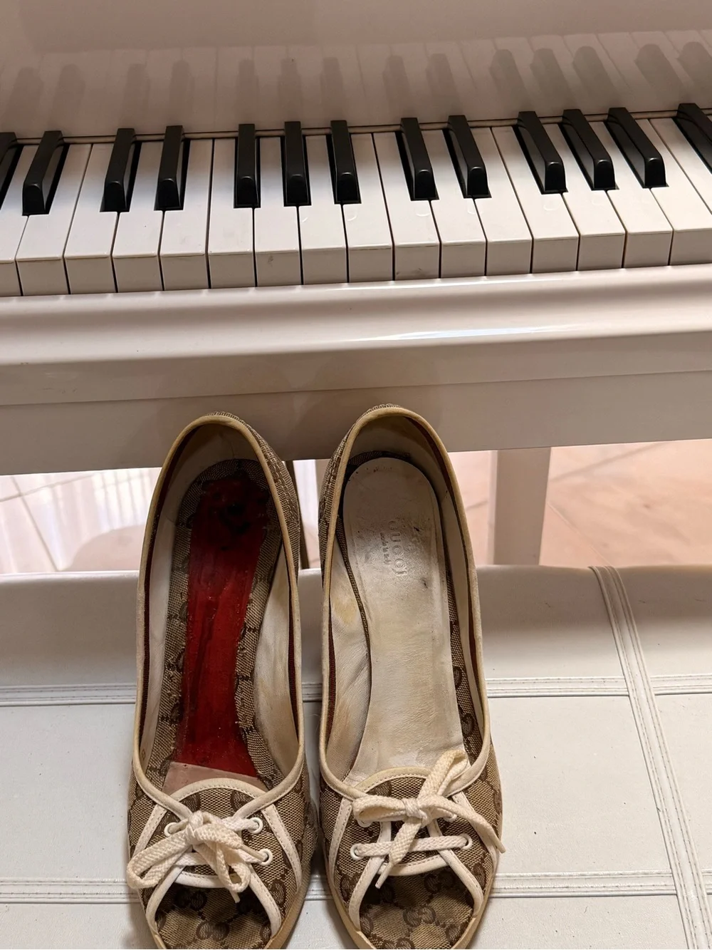 Gucci Brown Monogram Wedge Peep-Toe Pumps with Red-Green Web