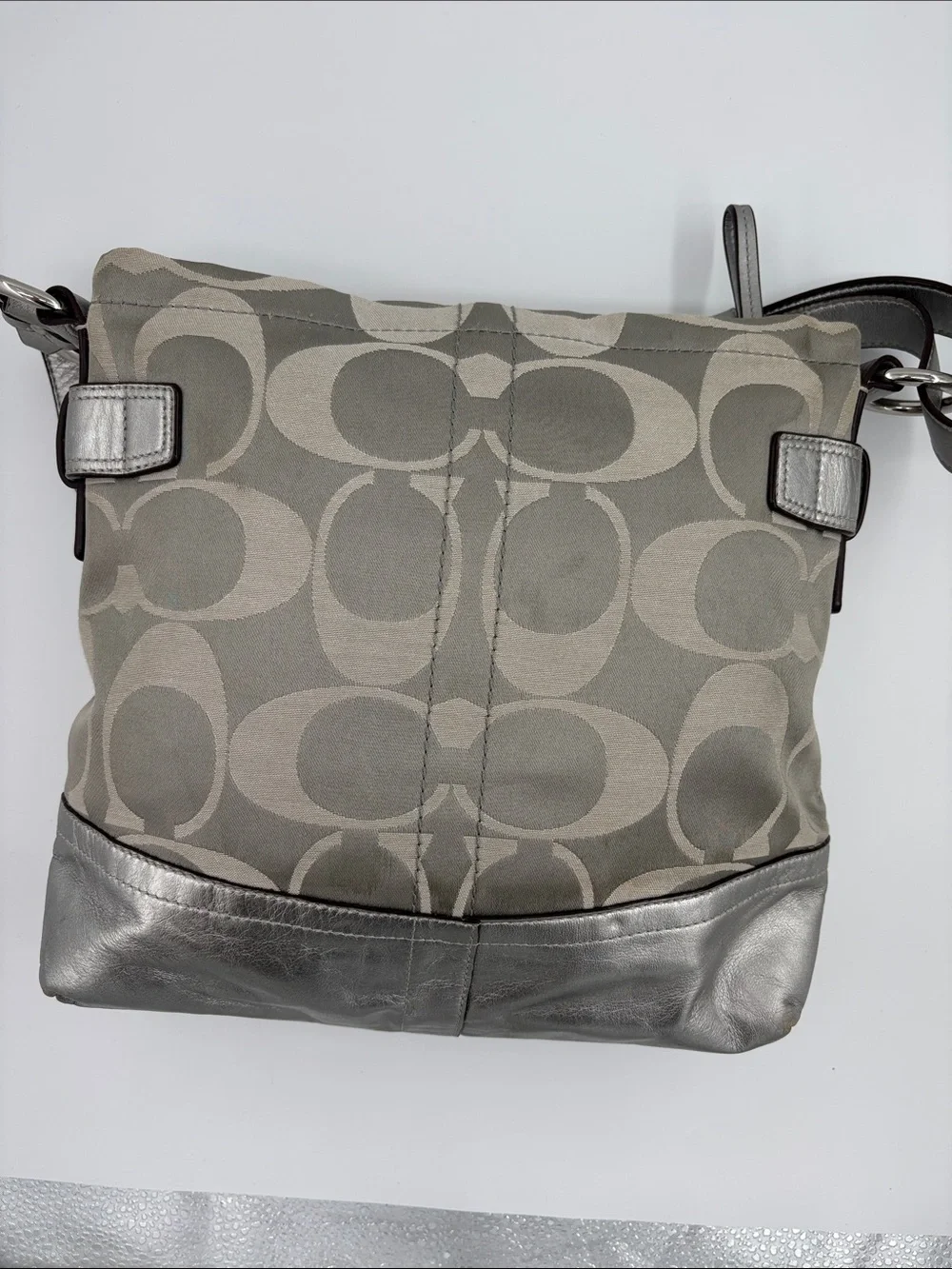 Coach Silver and Gray Signature Chain-Trim Shoulder Bag