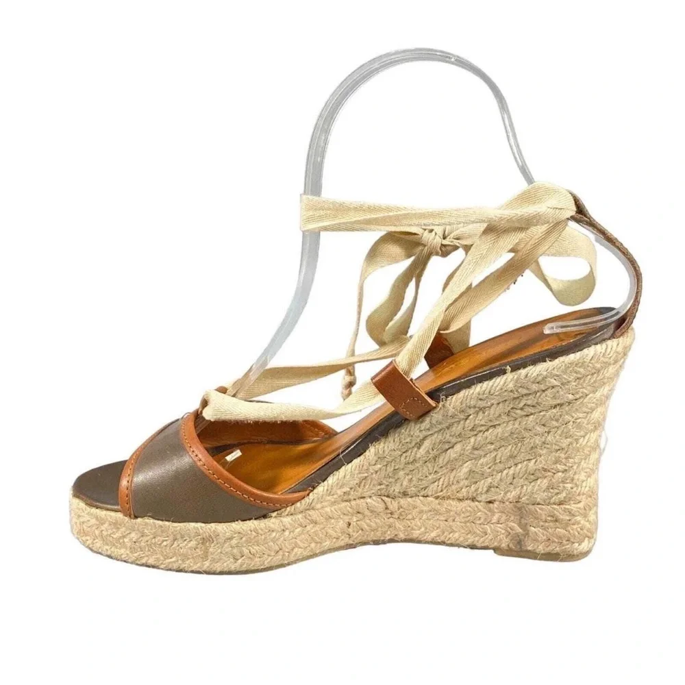 J Crew Tan and Beige Espadrille Wedge Sandals with Ankle Tie