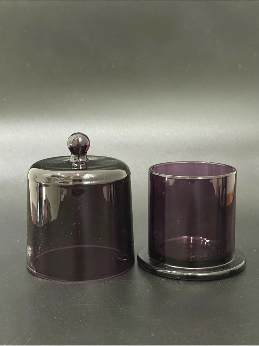 Purple Tinted Glass Lidded Candle Holder Multipurpose Glass Container