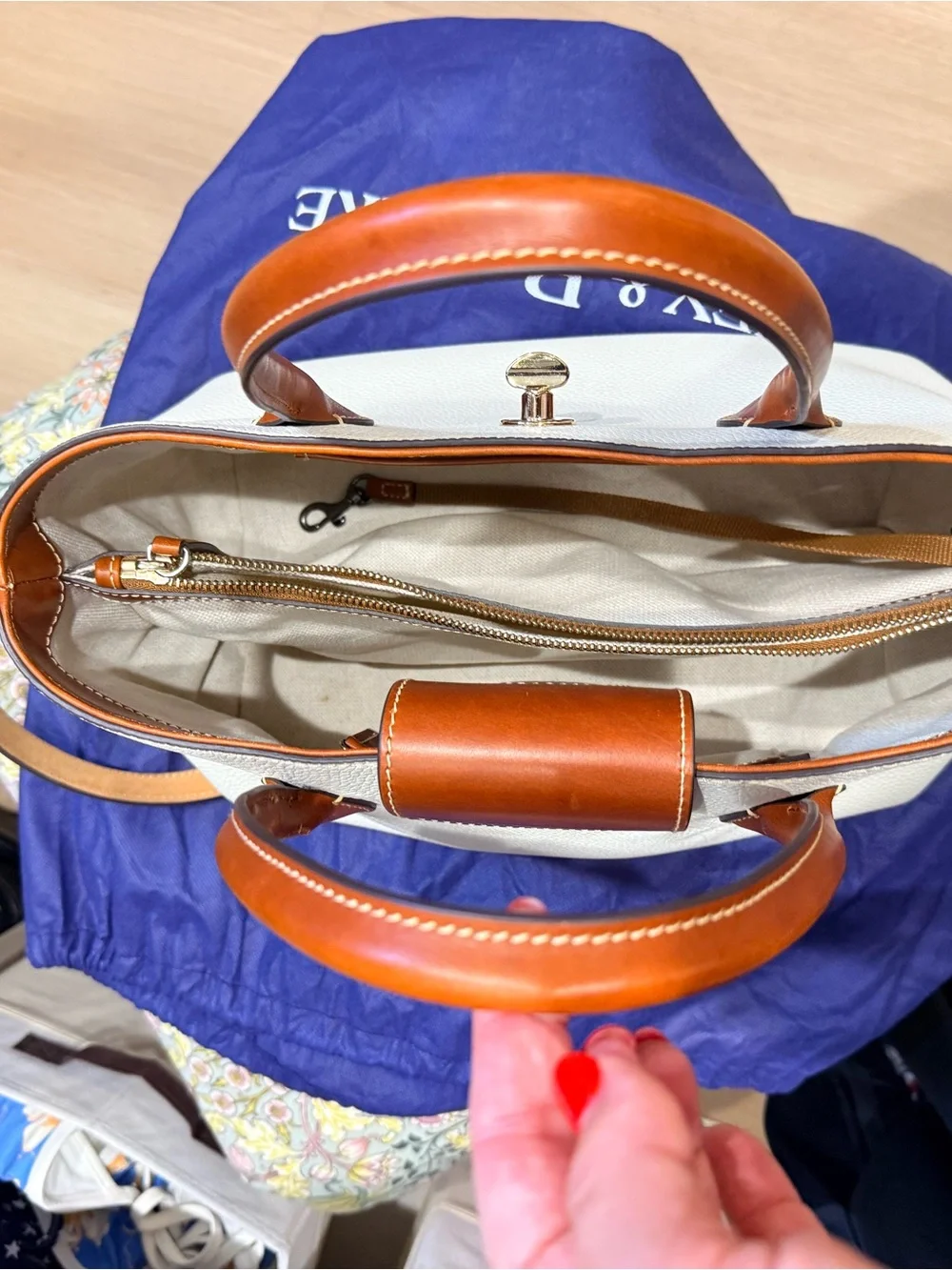 Dooney & Bourke White Leather Satchel with Brown Trim and Gold Hardware