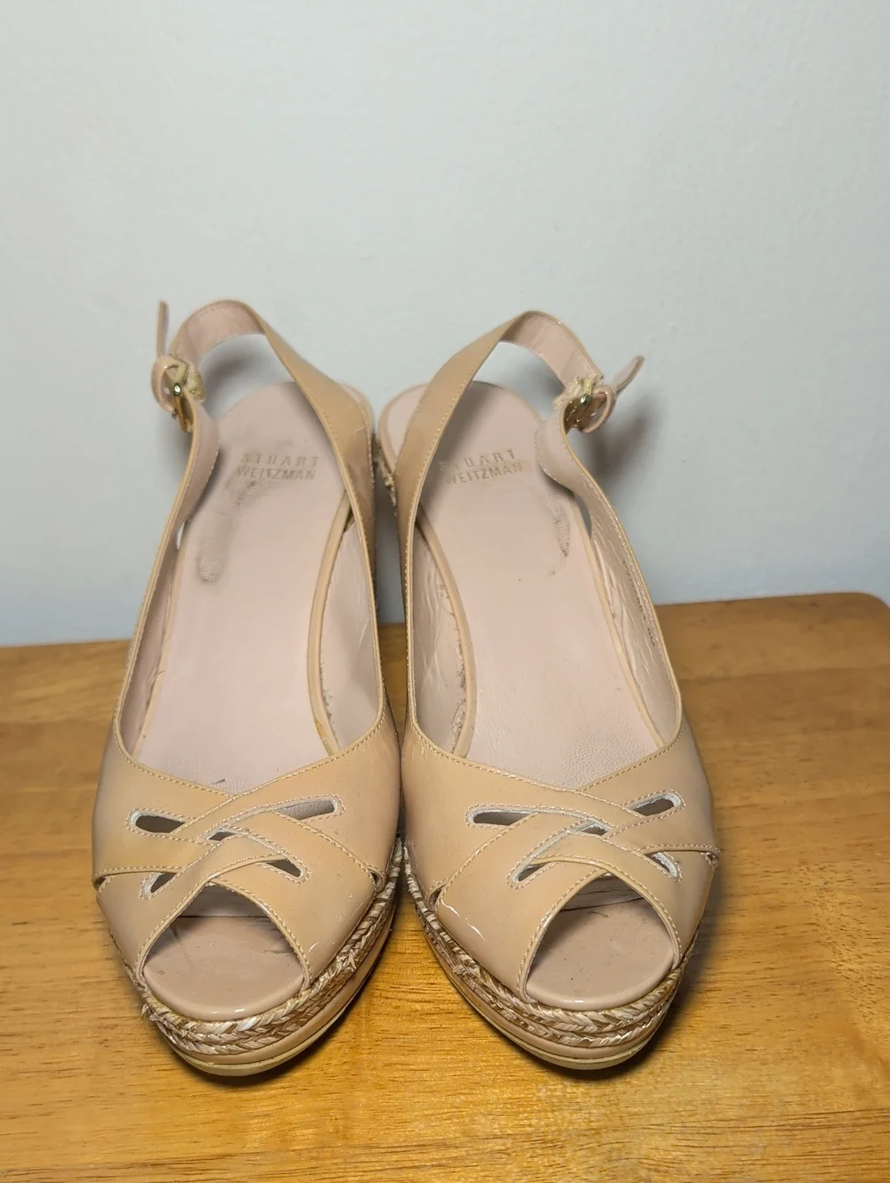 Stuart Weitzman Patent Leather Espadrille Wedge Sandals Beige Women's Size 9M