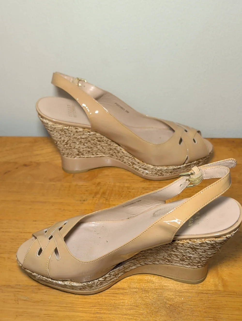 Stuart Weitzman Patent Leather Espadrille Wedge Sandals Beige Women's Size 9M