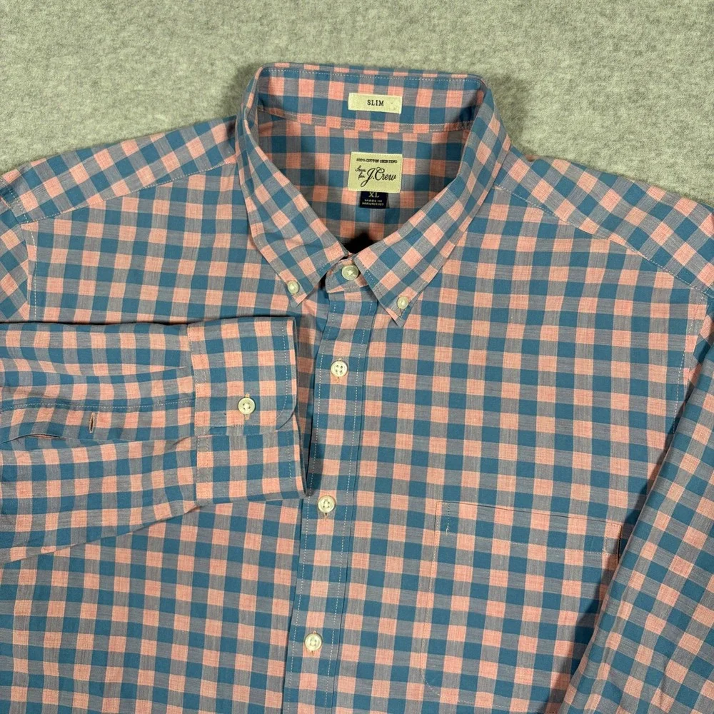 J. Crew Slim Fit Button Down Shirt Mens XL Pink Blue Gingham Plaid Long Sleeve