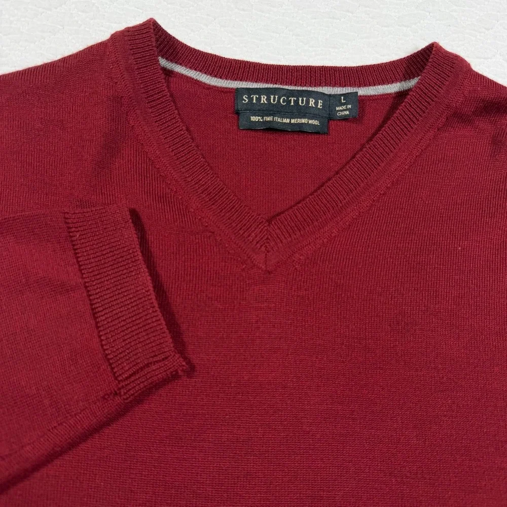 Structure V-Neck‎ Sweater Mens L Burgundy 100% Italian Merino Wool Classic NWOT