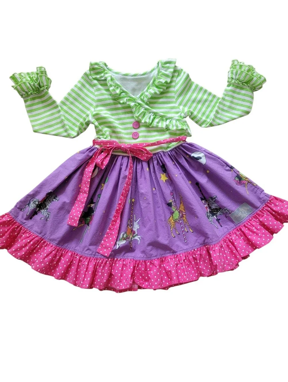 Eleanor Rose Girls Carousel Cotton Striped Ruffle Dress Purple Green Size 5/6