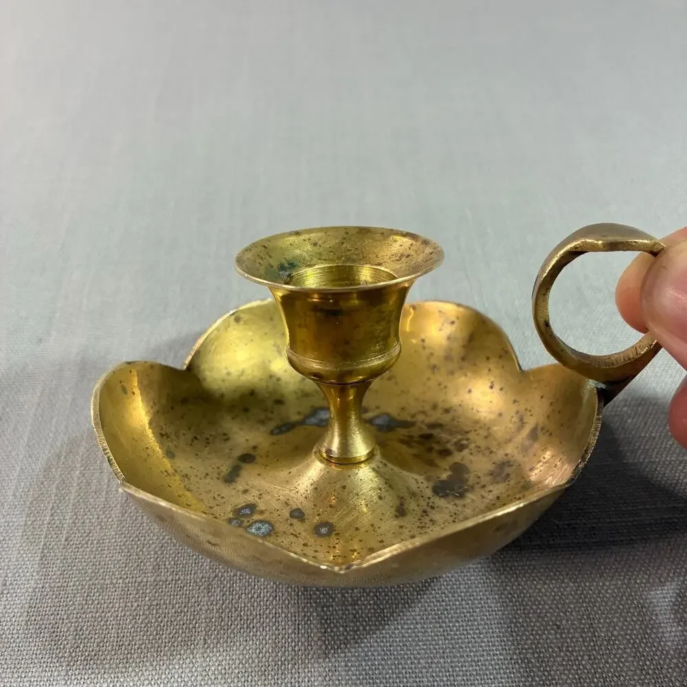 Vintage Solid Brass Chamberstick Finger Loop Candle Holder Scalloped Drip Tray