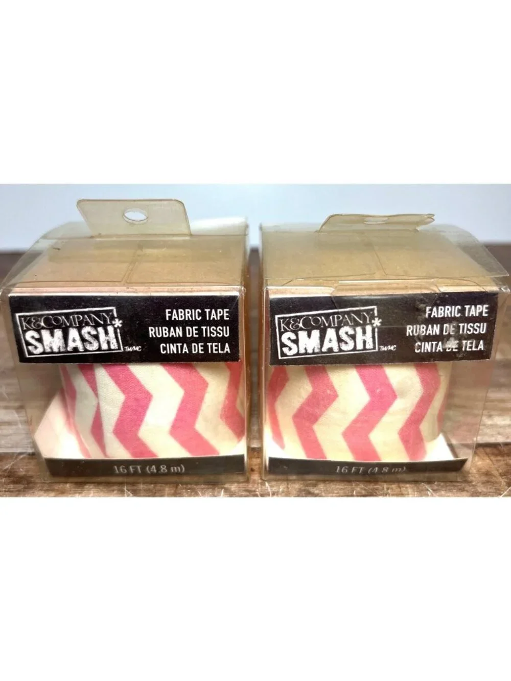 2 Pkg K&Company SMASH Pink & White Zig Zag Fabric Tape 16 Ft Roll Decorative