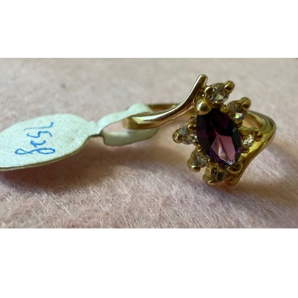Vintage Gold Marquise size 6.5  amethyst Cocktail Ring Clear Accents signed BB‎