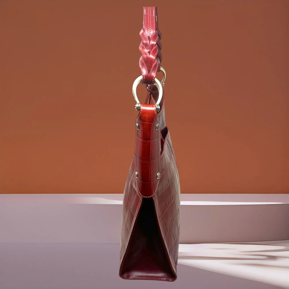 Brighton Muse Red Croc Embossed Patent Leather Shoulder Bag Heart Charm Braided