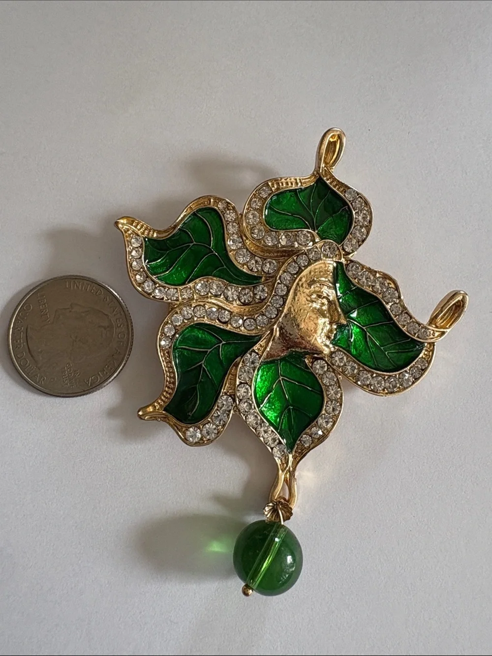 Gold and Emerald Green Leaf Pendant Brooch with Crystal Accents