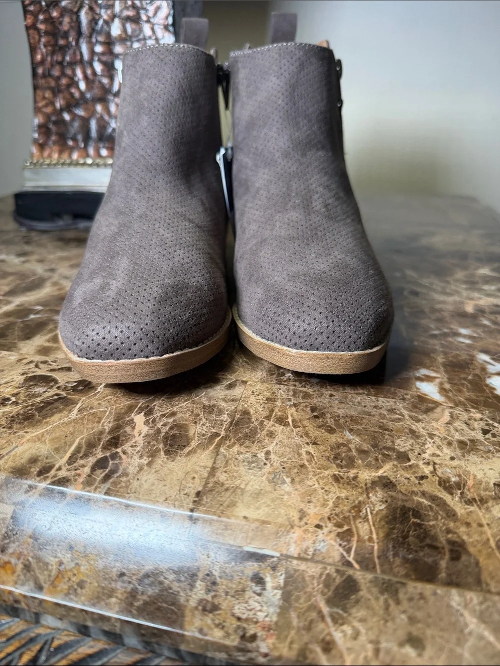 Perforated Taupe Ankle Booties with Side Zip