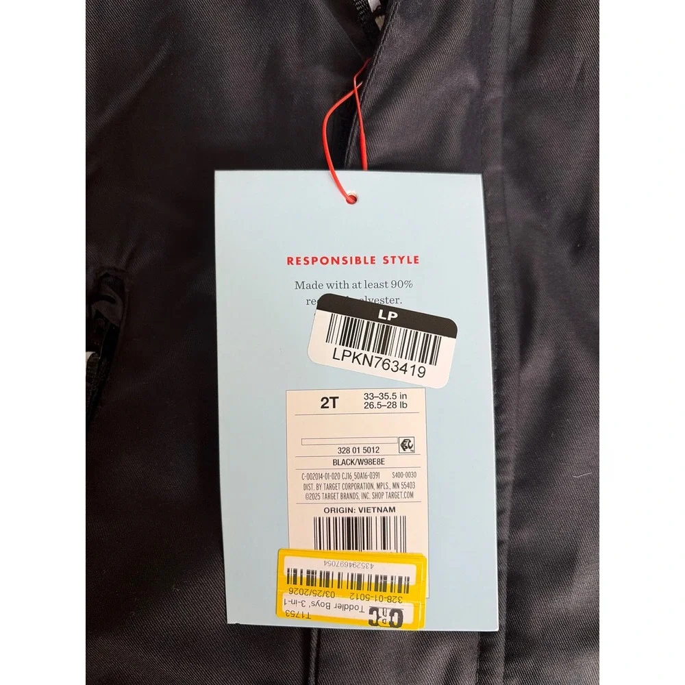 Cat & Jack Toddler Boys Black 3-in-1 All-Weather Hooded Jacket Size 2T NWT