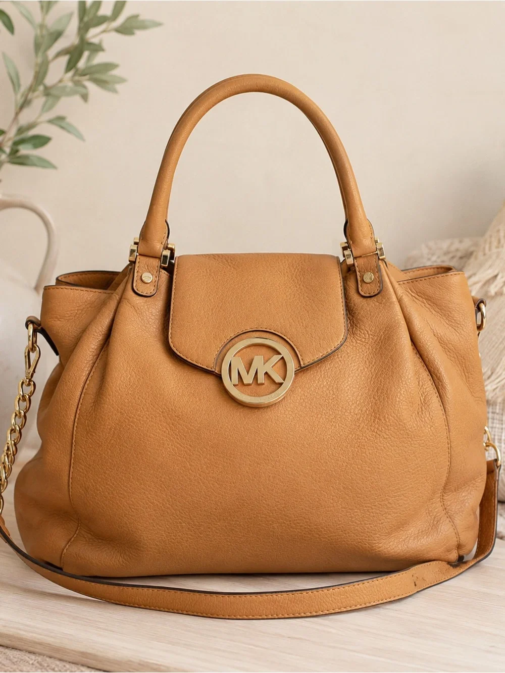 Michael Kors Caramel/Tan Pebbled Leather Shoulder Bag with MK Emblem