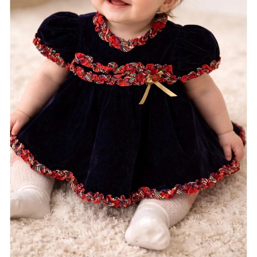Vintage Primrose Pink Velvet Dress Kids 6 9M Plaid Ruffle Holiday Coquette