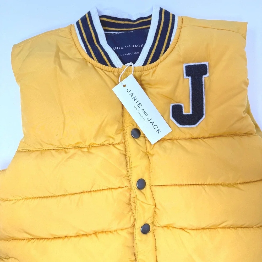 Janie and Jack Yellow Varsity Puffer Vest Boys Size 7-8 Quilted Letterman J NEW