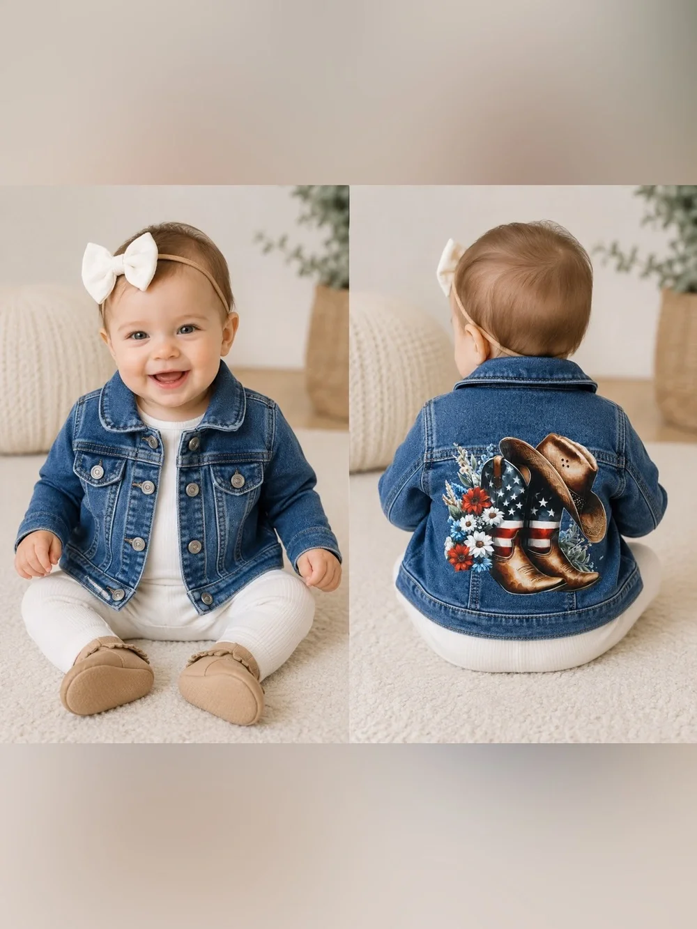 Handmade Patriotic Baby Denim Jacket 6–9 Months Cowboy Boots USA One-of-a-Kind