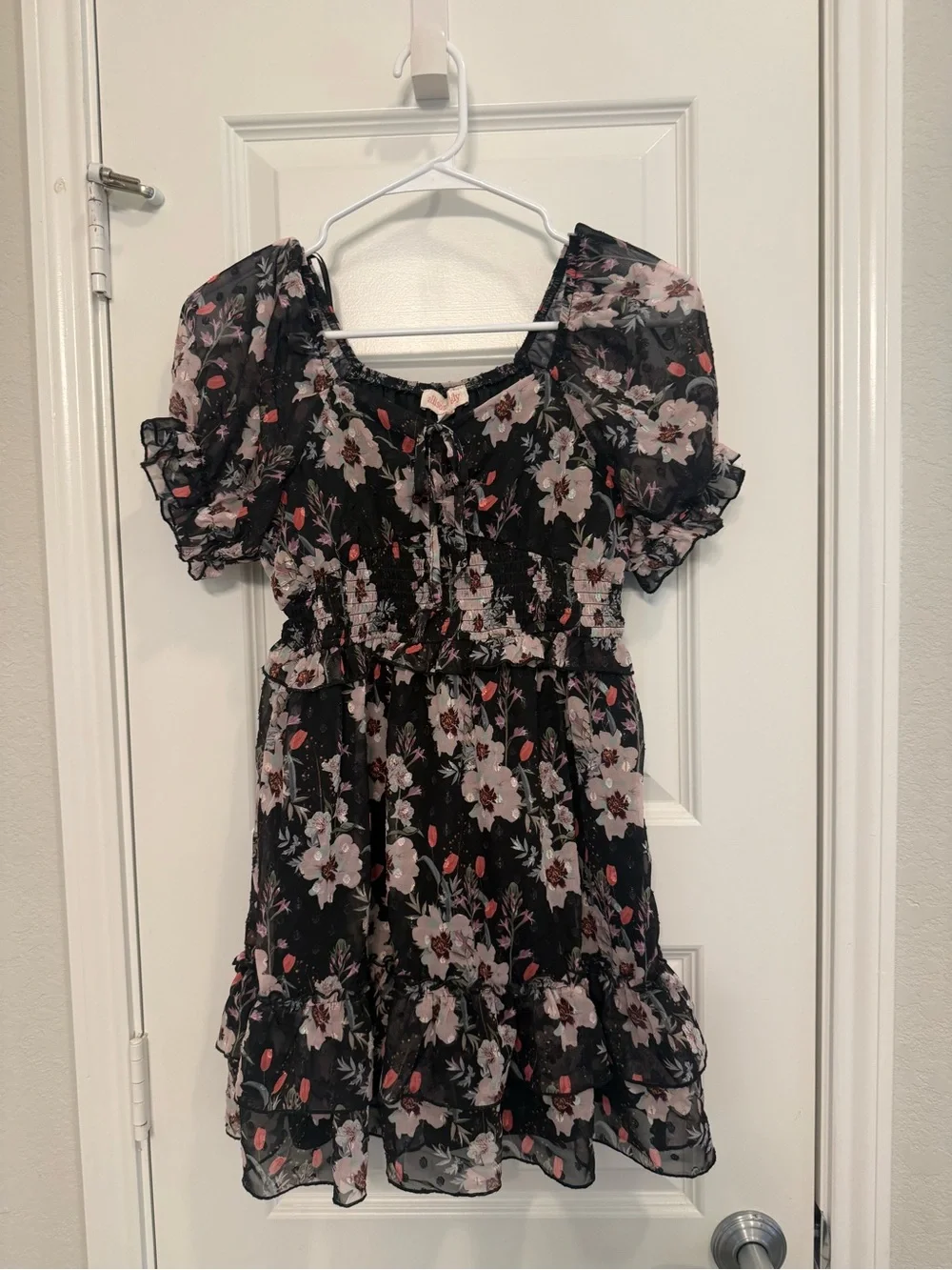 Girls Black Floral Casual Dress with Puff Sleeves
