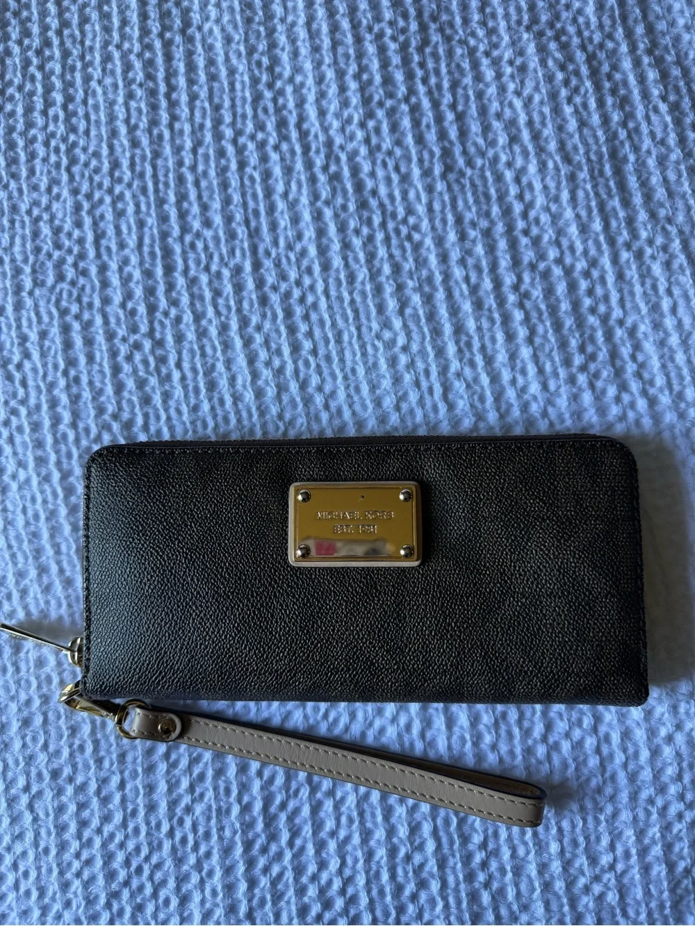 Michael Kors Black Pebble Leather Wristlet with Gold Plate and Taupe Strap