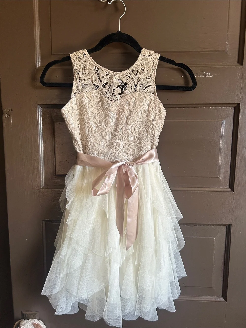 Rare Editions Lace Bodice Tulle Party Dress in Cream and Blush; girls 10
