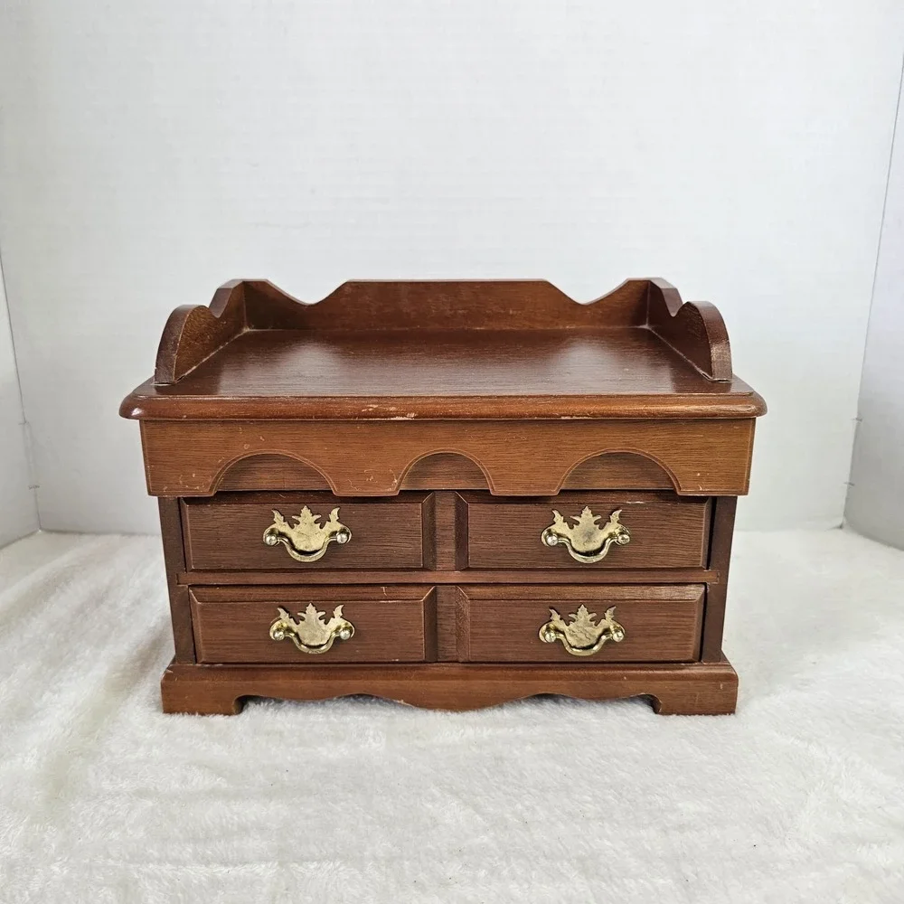 Vintage Retro Brown Wooden Jewelry Box w/ Drawers Mini Dresser Style