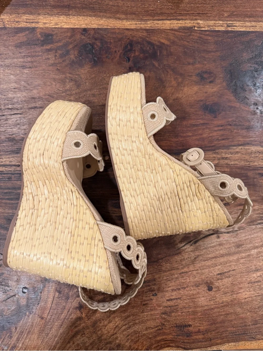 Larroude Broderie Florence Wedge Sandals in Tan