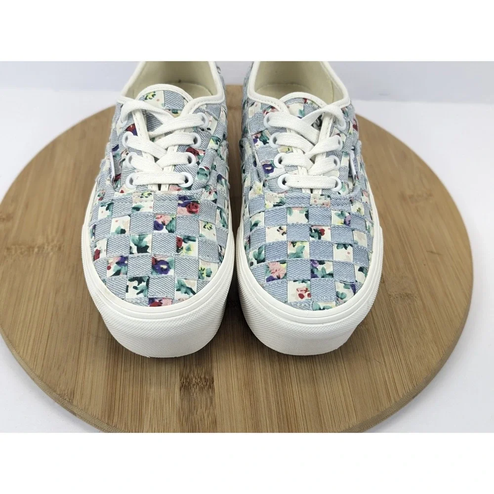 Vans Stacked Era Platform Shoes Womans 6.5 Woven Checkered Floral Blue White