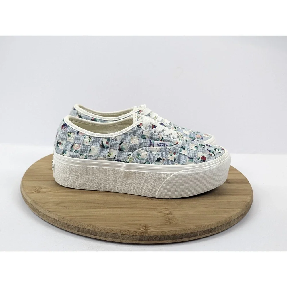 Vans Stacked Era Platform Shoes Womans 6.5 Woven Checkered Floral Blue White
