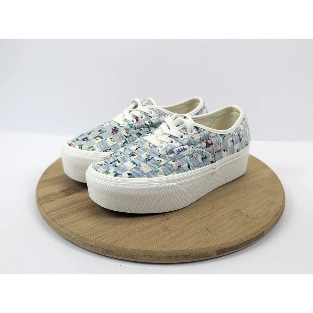 Vans Stacked Era Platform Shoes Womans 6.5 Woven Checkered Floral Blue White