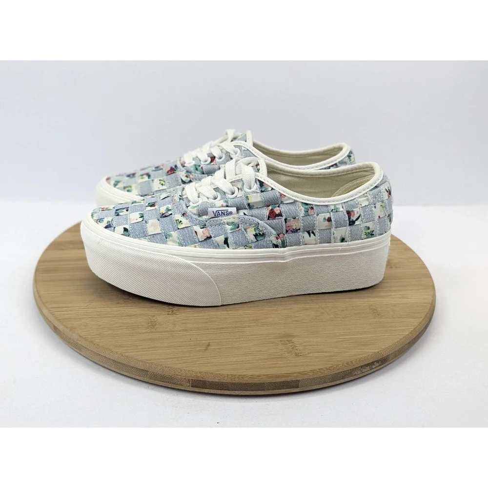 Vans Stacked Era Platform Shoes Womans 6.5 Woven Checkered Floral Blue White