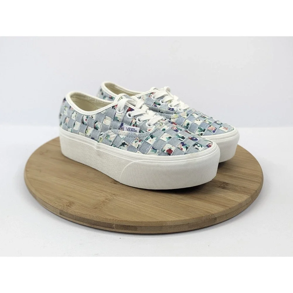 Vans Stacked Era Platform Shoes Womans 6.5 Woven Checkered Floral Blue White