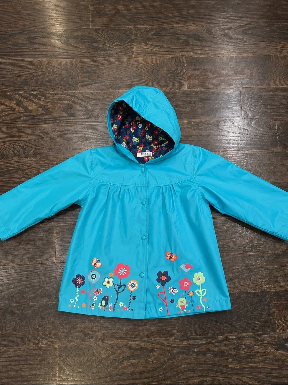 Kids Hooded Floral Raincoat - Turquoise